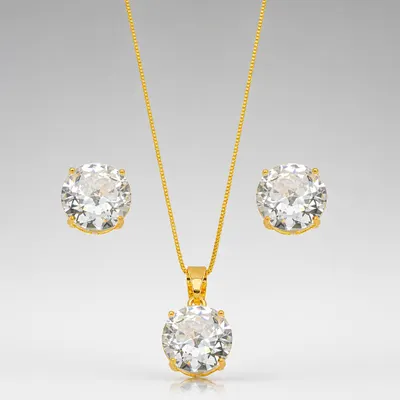 Conjunto Ponto de Luz Cristal Branco Banhado a Ouro 18K
