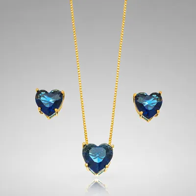 Conjunto Coração Safira Banhado a Ouro 18K