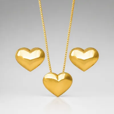 Conjunto Coração Liso Banhado a Ouro 18K