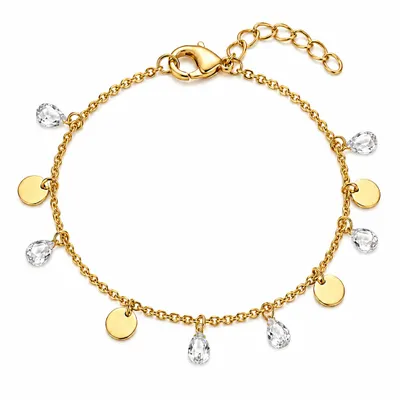 Pulseira Chapinhas e Gotas de Zircônia Banhada a Ouro 18K