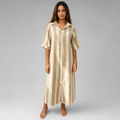 Vestido Listrado  Linho com fita na cintura