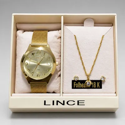 Relógio Lince Dourado com Cordão e Brinco Coração 