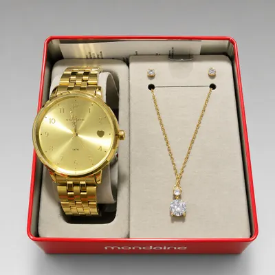 Relógio Mondaine  Dourado com Colar e Brinco 