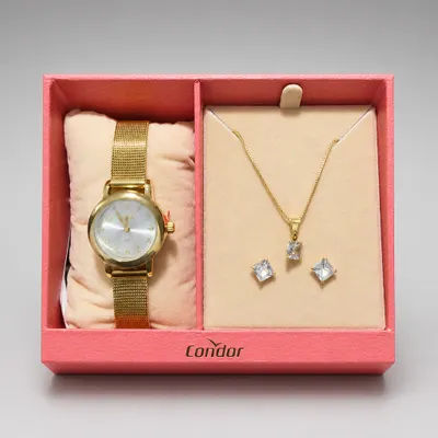 Kit Relogio lince Dourado com Cordão e Brincos