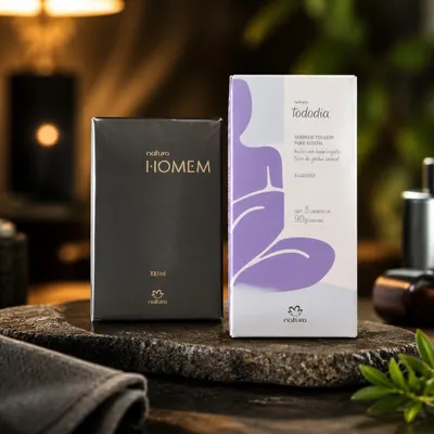 Na Compra do Perfume Natura Homem, grátis uma caixa de sabonete da fragrância disponível no momento da compra que custa R$ 34,90 Cada