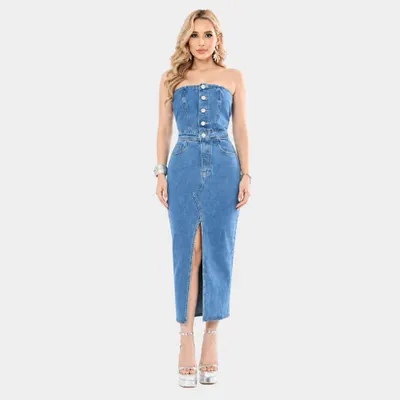Vestido Jeans Largo com Fenda