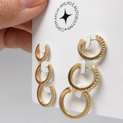 Trio de Argola Dourado com Pedras