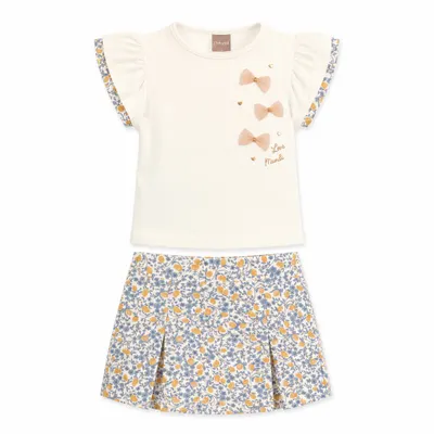 Conjunto Menina Com Blusa de Laços e Saia-shorts Estampada - Brandili