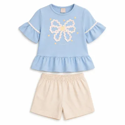 Conjunto Com Blusa de Babados e Shorts Em Sarja Com Linho - Mundi