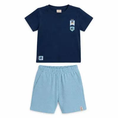 Conjunto Infantil Menino Com Camiseta Náutica e Bermuda Em Moletinho - Mundi