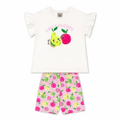 Conjunto Infantil com Blusa Fruit Friends e Bermuda Ciclista Off White - Quimby