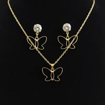 Colar e Brincos Borboleta Vazada Zircônia Folheada Ouro 18k