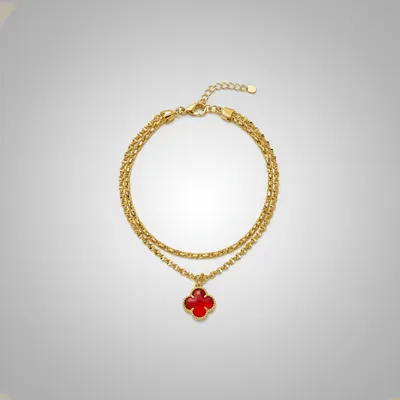 Pulseira Dupla Trevo Vermelho Folheado Ouro 18k