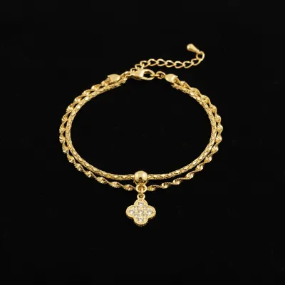 Pulseira Dupla Trevo Cristal Folheado Ouro 18k