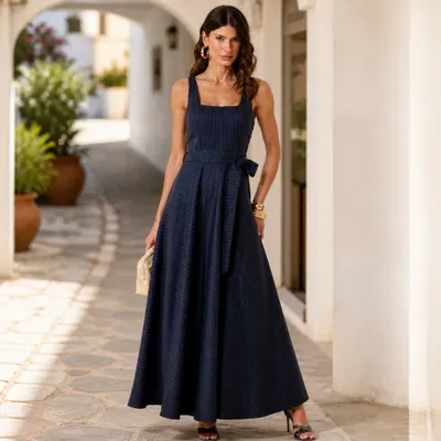 Vestido longo listrado azul