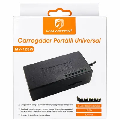 Fonte de notebook universal H’maston MY-120w - Energia confiável para uma ampla gama de notebooks.