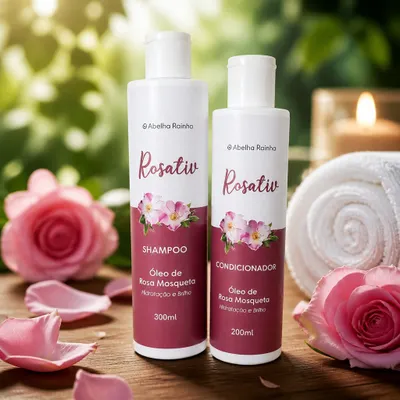 Kit Rosativ Rosa Mosqueta Shampoo 300ml + Condicionador 200ml Abelha Rainha