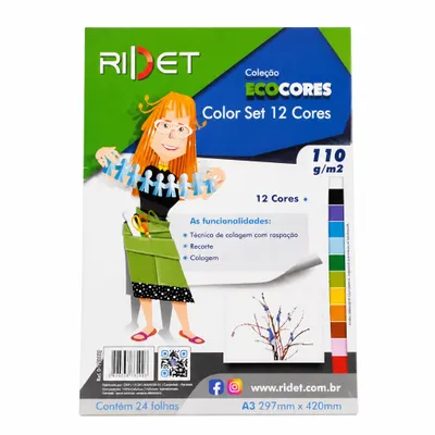 PAPEL COLOR SET A3 - 110G - 12 CORES - 1 BLOCO COM 24 FOLHAS - RIDET