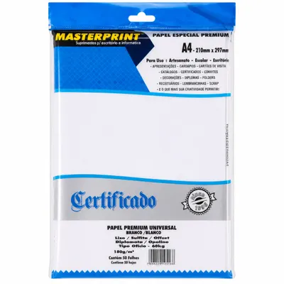 PAPEL BRANCO DIPLOMATA/LISO/OFFSET 180G/M² A4 - 50FOLHAS MASTERPRINT