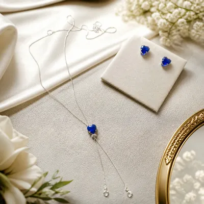 Conjunto Colar e Brincos Coração Azul