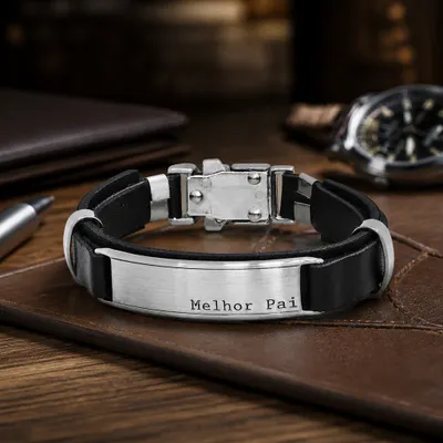  Pulseira masculina de couro com placa Melhor Pai