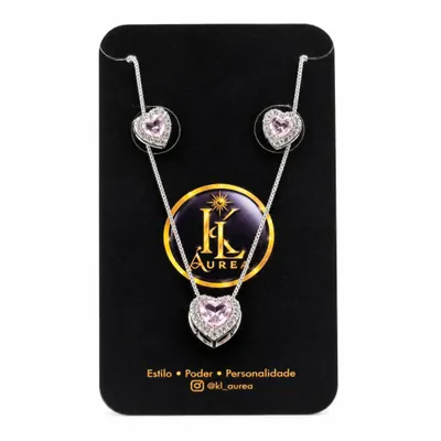 Kit Colar e Brincos Coração Ponto de Luz – Rosa Quartz