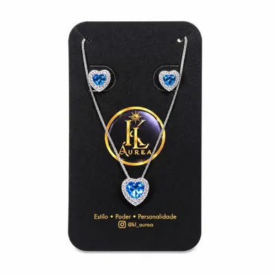 Conjunto Brinco e Colar Coração AzulKit Colar e Brincos Coração Ponto de Luz – Azul Serenity