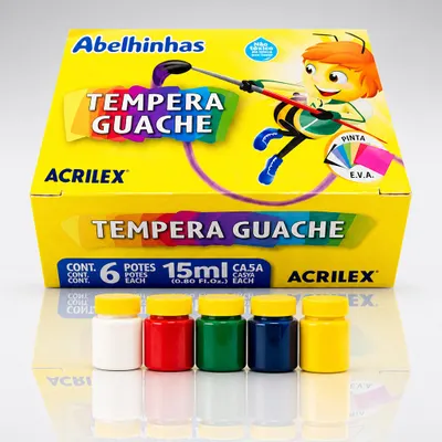 Tinta Guache Escolar Acrilex Têmpera Guache 6 Cores – 15ml Cada